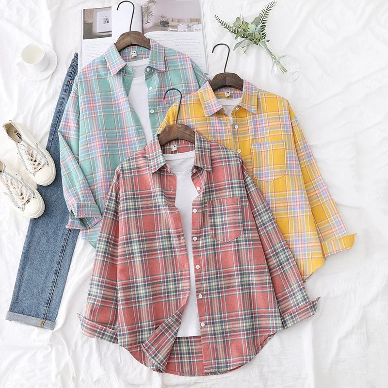 2024 Autumn New Casual Plaid Shirt Women Elegant Loose Design Female Long Sleeve Shirts & Blouses Lady Checked Tops Clothes