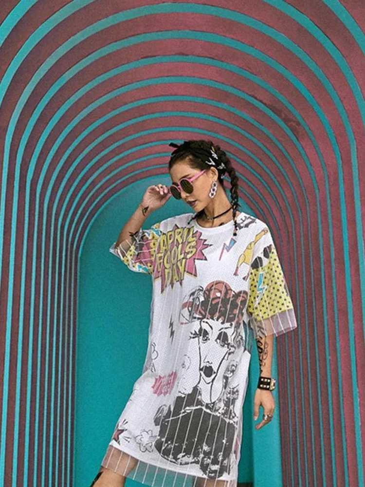 여름 여성 힙합 드레스 조수 브랜드 대형 가짜 투피스 메쉬 티셔츠 드레스 여성 레트로 헤드 샷 공주 드레스 GD296