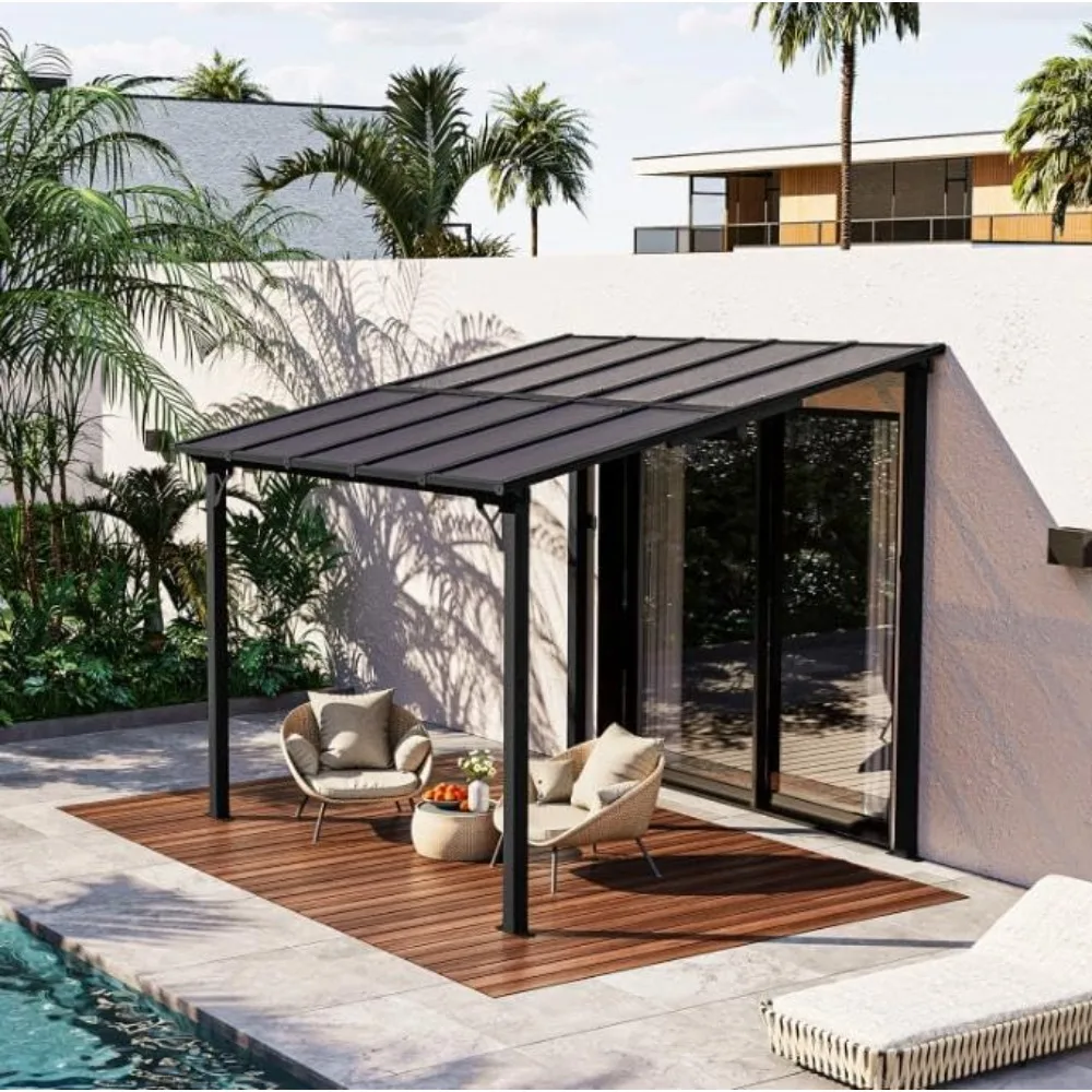 Gazebo for Patio, 10 x 14 FT Lean to Gazebo, Wall Mounted Pergola with Polycarbonate Roof, Heavy Duty Metal Frame Awnings