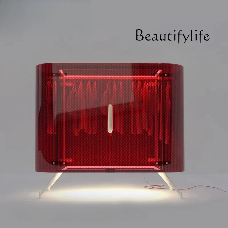 

Light luxury stainless steel acrylic transparent wardrobe household burgundy bedroom cloakroom storage cabinet locker