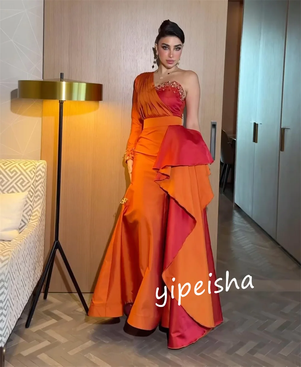 Customized Elegant Sequined Pleat Trumpet One-shoulder Long Dresses Prom Dresses Fashion Sexy Exquisite Modern Style High Qualit