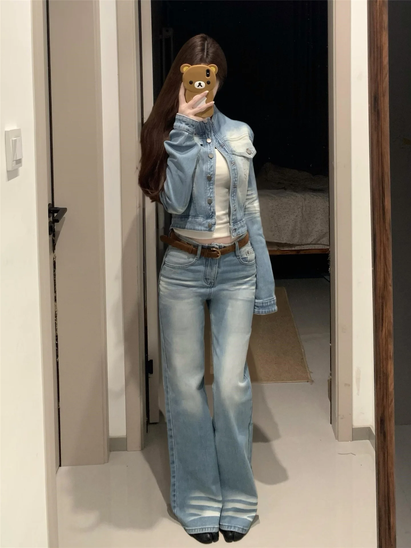 

Retro American Light Blue Mid-Low Waist Flared Jeans Women's Loose Slimming Non-Matching Leg Trace Dragging Pants