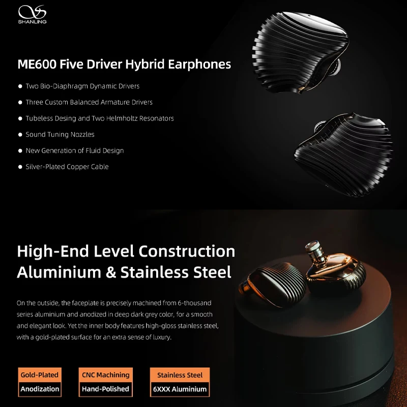 SHANLING ME600 In-Ear Headphones Wired Earphones HIFI Hi-Res Audio In-Ear Earphones Wired Headphones With Earbuds Plug 3.5+4.4mm