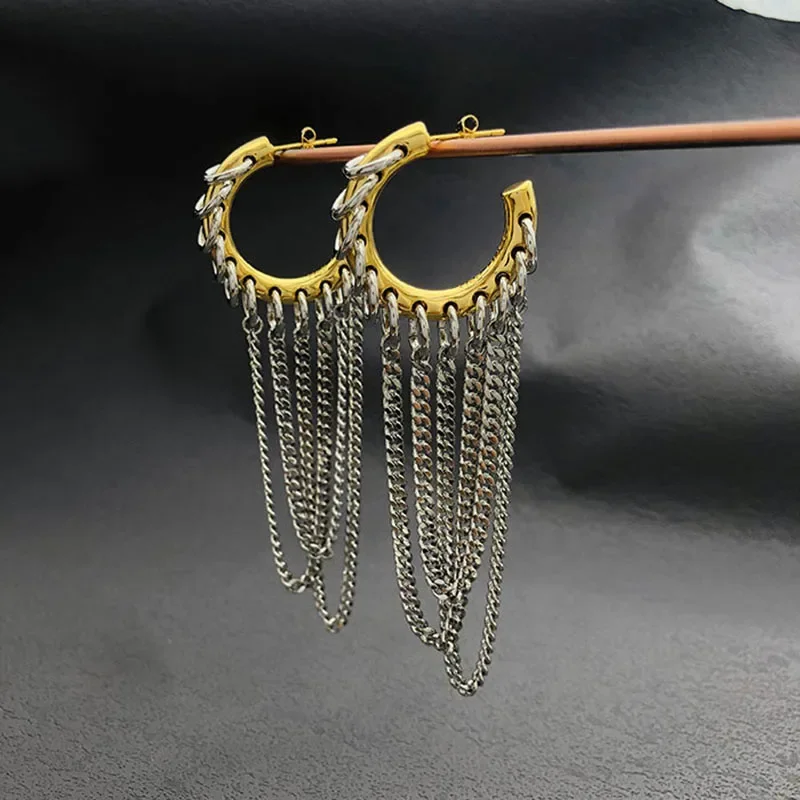 Metalic Chain Tassel Hoop Earrings for Women