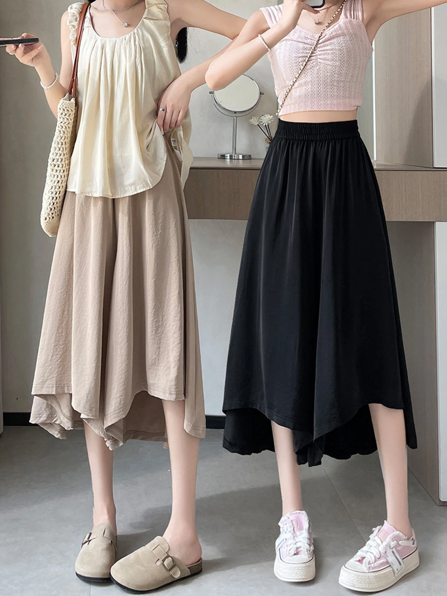 

Ice Silk Skort Women's Summer Thin Loose Slimming Casual Wide Leg Pants Skirt High Waist Comfortable Breathable Lightweight