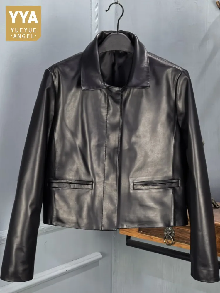 Women Genuine Leather Jacket Vintage Turndown Collar Real Sheepskin Black Short Coat Spring Single Breasted Casual Outerwear
