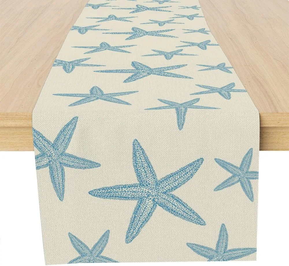 VIKAMA Blauer Seestern-Tischläufer, nautische Strandtischflagge, Dekoration für Restaurant, Küche, Ozean, Dekorationen, Urlaub, Party