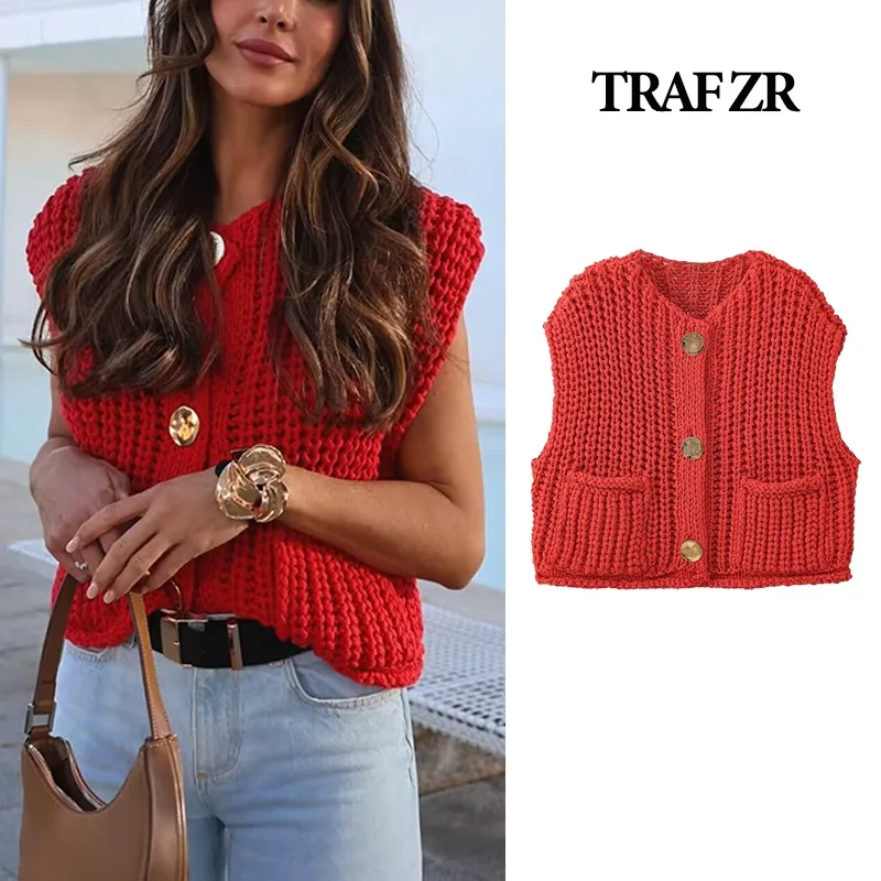 TRAF ZR Cardigan for Women Knit Wear red Knitted Luxury Cardigan Sweater Women Outerwears Vintage Long Sleeve Bomber Jackets