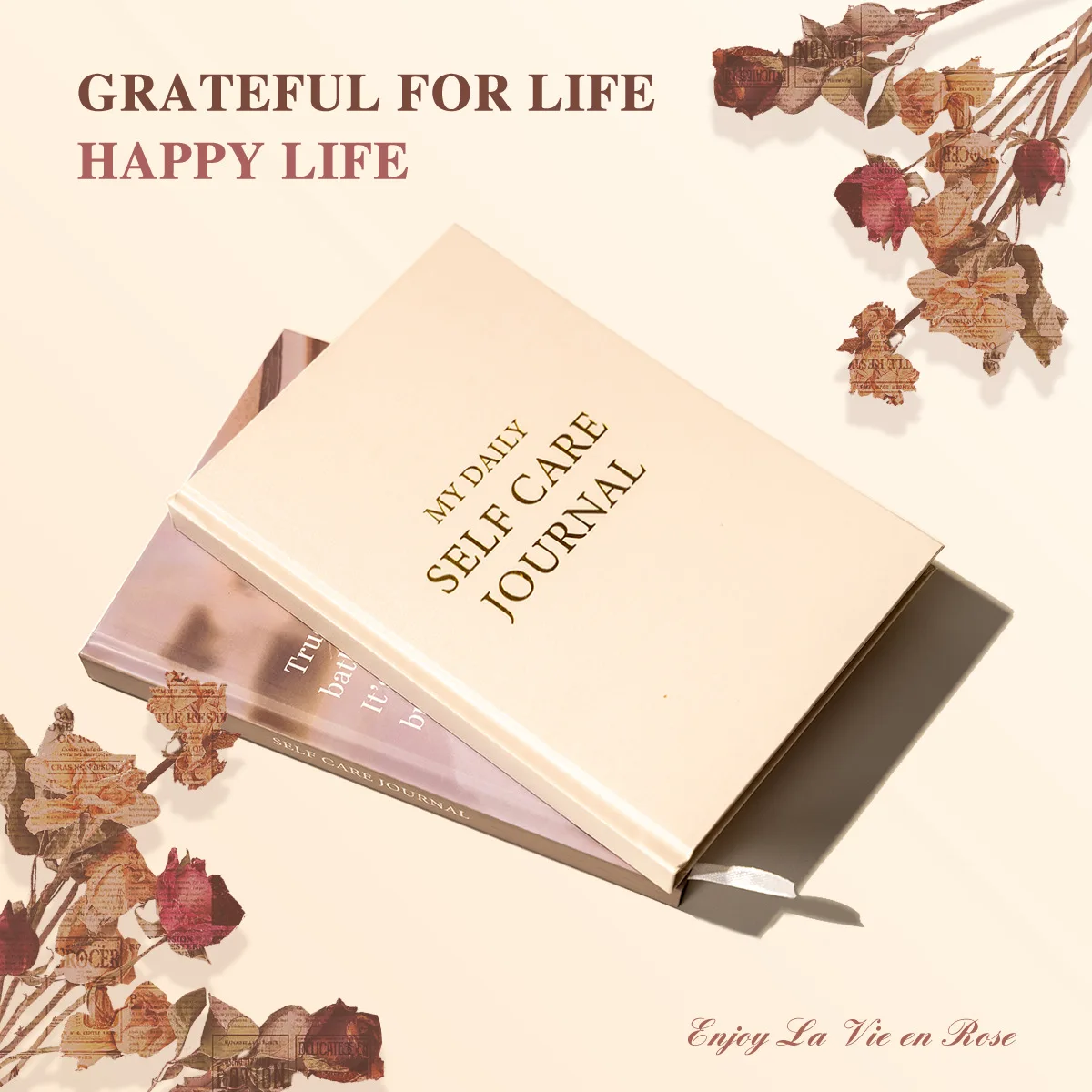 A5 Gold-Edge Gratitude Journal - English Notebook, Healing Daily Planner & Self-Care Diary Gift, A5 Gold Edge Gratitude Notebook
