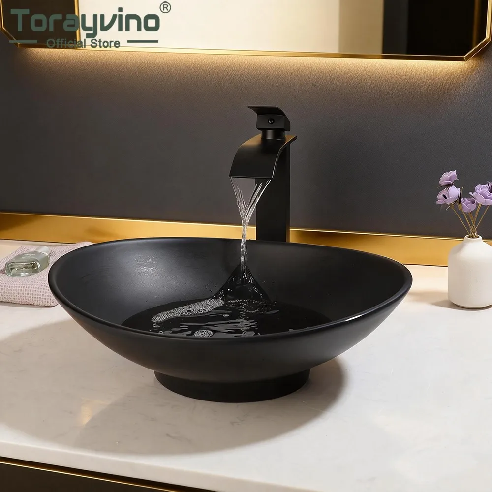 Torayvino Bathroomm Sink Faucet Set Polymer Skin Feel Art Black Vessel Vanity Counter Top w/ Mixer Waterfall Tap & Pop-up Drain