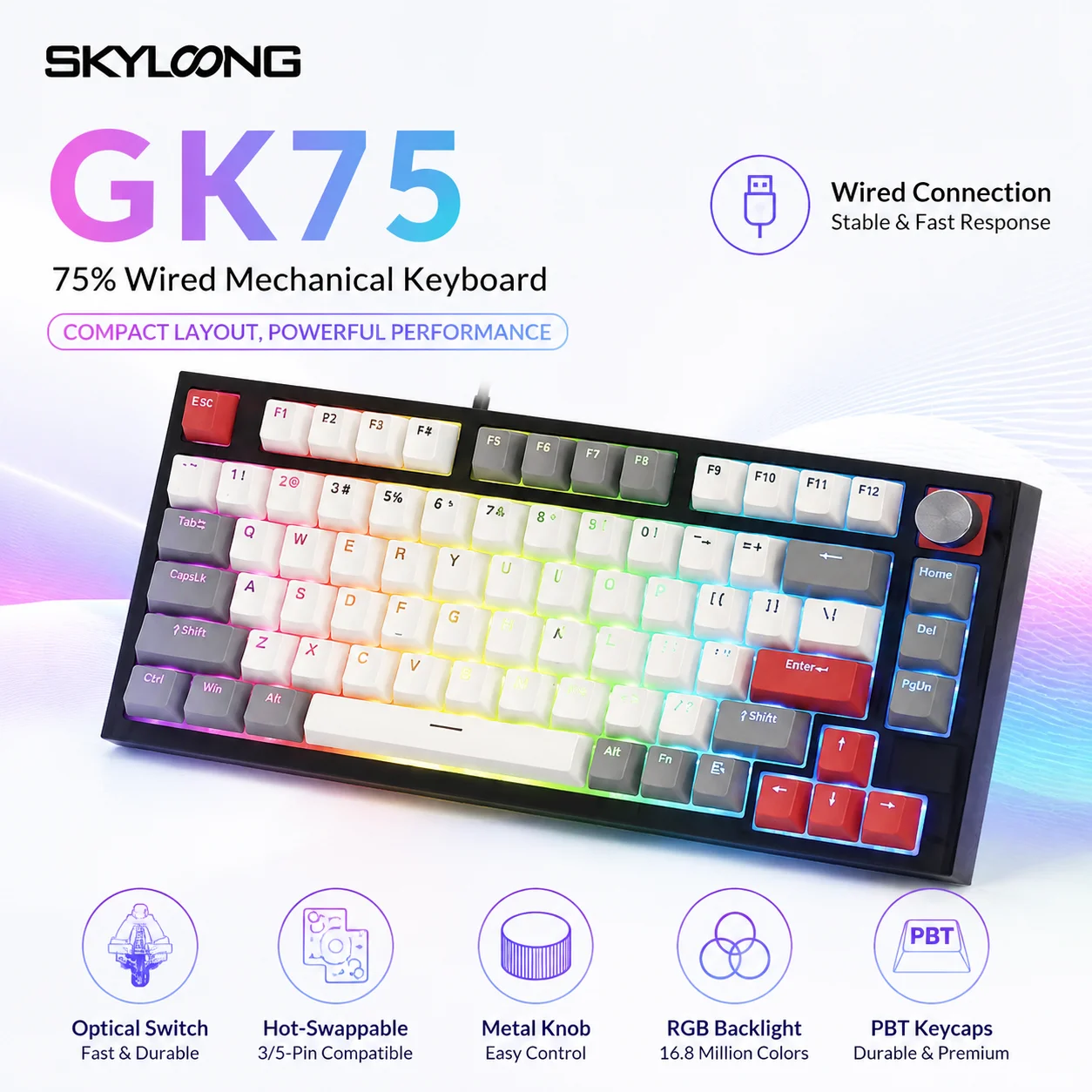 SKYLOONG GK75 Optical Switch Mechanical Keyboard Wired Gaming Keyboard RGB Backlight PBT Keycap 75% Layout with Knob PC Keyboard
