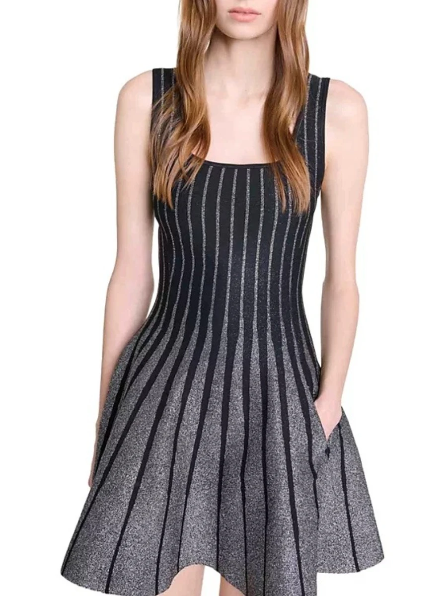 

Hit Color Striped Slimming Mini Dresses For Women Square Collar Sleeveless High Waist Fashion Temperament Dress Female New