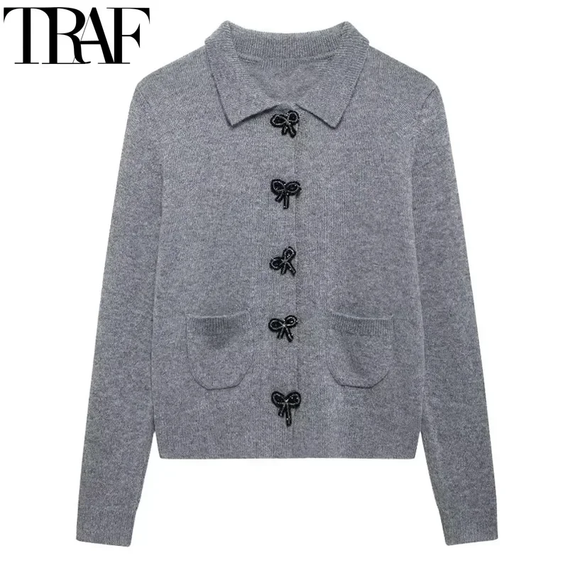 TRAF Crop Knitted Cardigan Women\'s Cardigan Outerwears Autumn Bow Button Gray Sweater Cardigan Women Long Sleeve Ribbed Knitwear