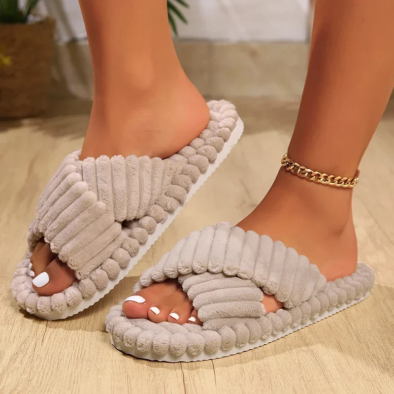 Corduroy Cross Band Home Slippers Women Autumn Winter Warm Plush Slides Woman Indoor Bedroom Soft Sole Cotton Slippers 2025