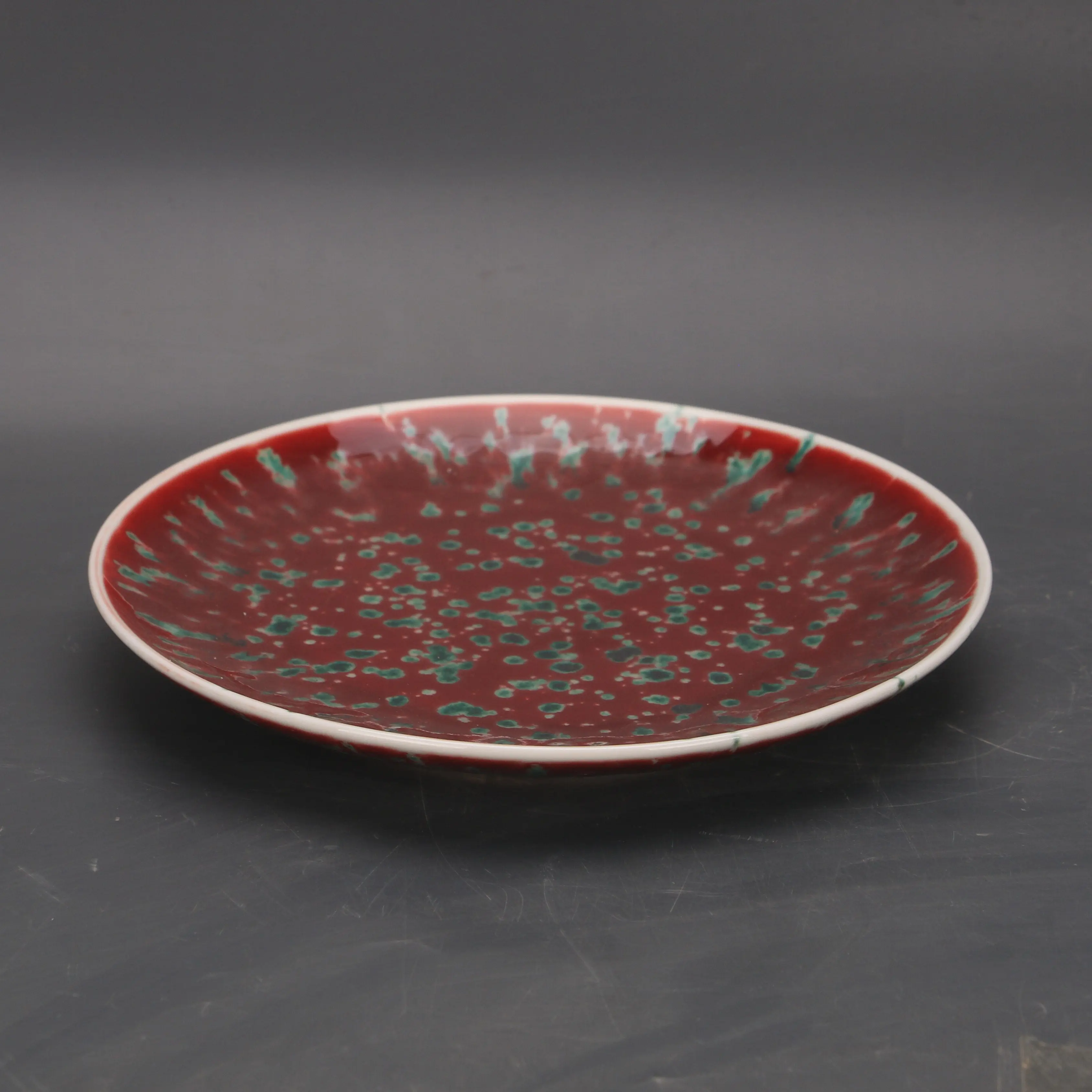 Handmade Chinese Qing Yongzheng Style Peachbloom Sacrificial Red Starry Sky Glaze Porcelain Plate Vintage Home Decor Gift