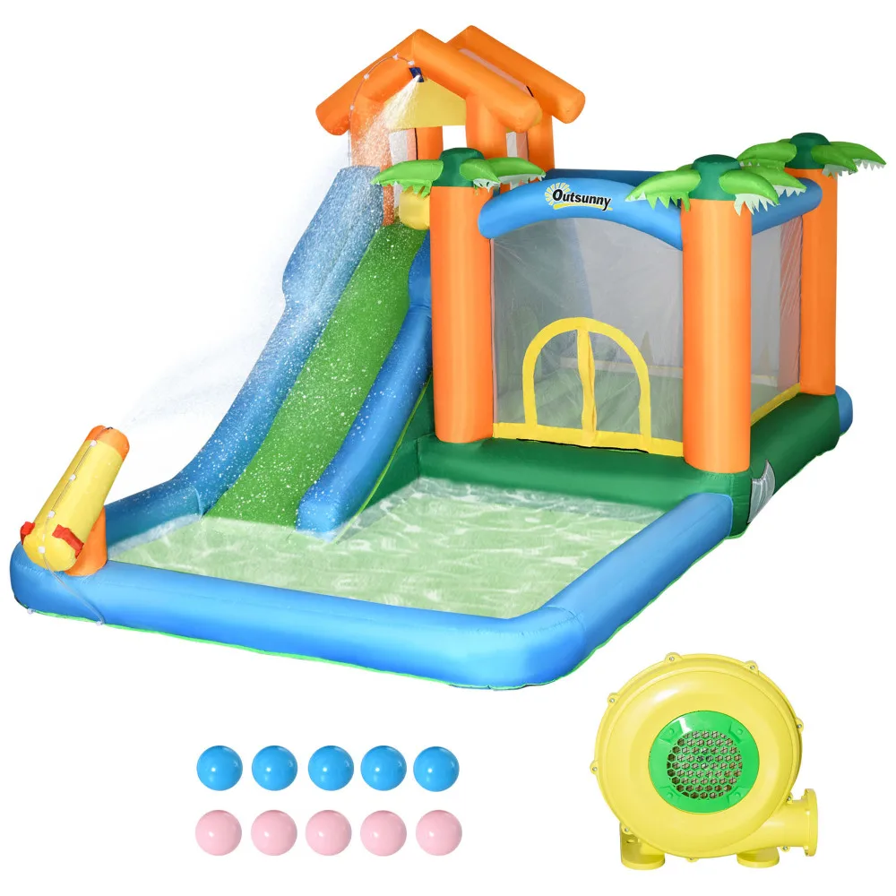 

6-in-1 Tropical Inflatable Water Slide Summer Theme Jumping Castle Includes Floating Ball Slide Trampoline Pool Cannon Climbing