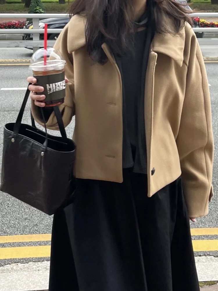 

Retro Chic Lapel Single Button Woolen Coat ort Loose Sle for Small Figures Women's Faionable Outerwear