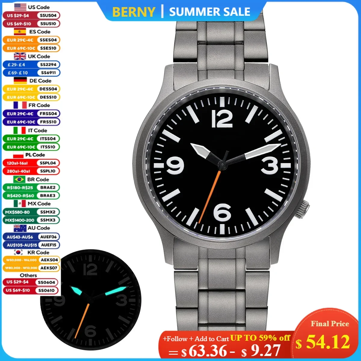 

BERNY Full Titanium Watches for Men Super Luminous Sapphire Sports Field Quartz Men's Watch VH31 Pilot Wristwatch 5ATM Easy Read