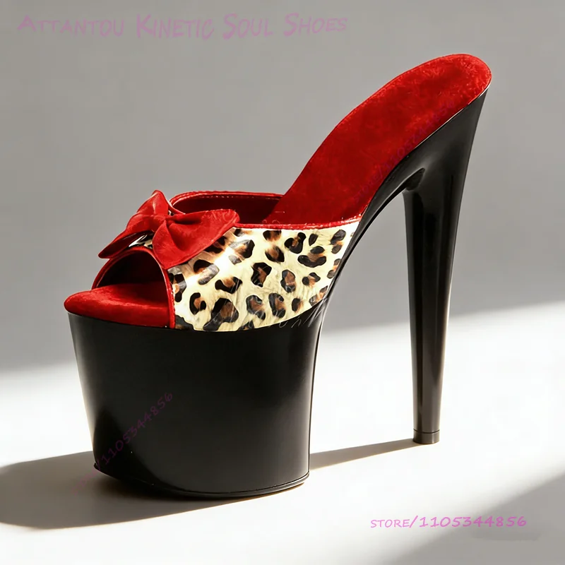

Khaki Leopard Print Graffiti Slippers Heels Red Bow Sandals Platform 15/17/20cm Patchwork Black Shiny Pole Dancing Sexy Shoes