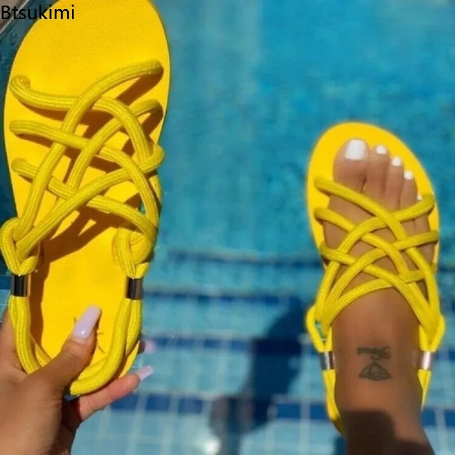 Sandales d'été pour femmes, pantoufles plates à lanières croisées, chaussures de plage à enfiler en ULde chanvre, chaussures décontractées d'extérieur, grande taille