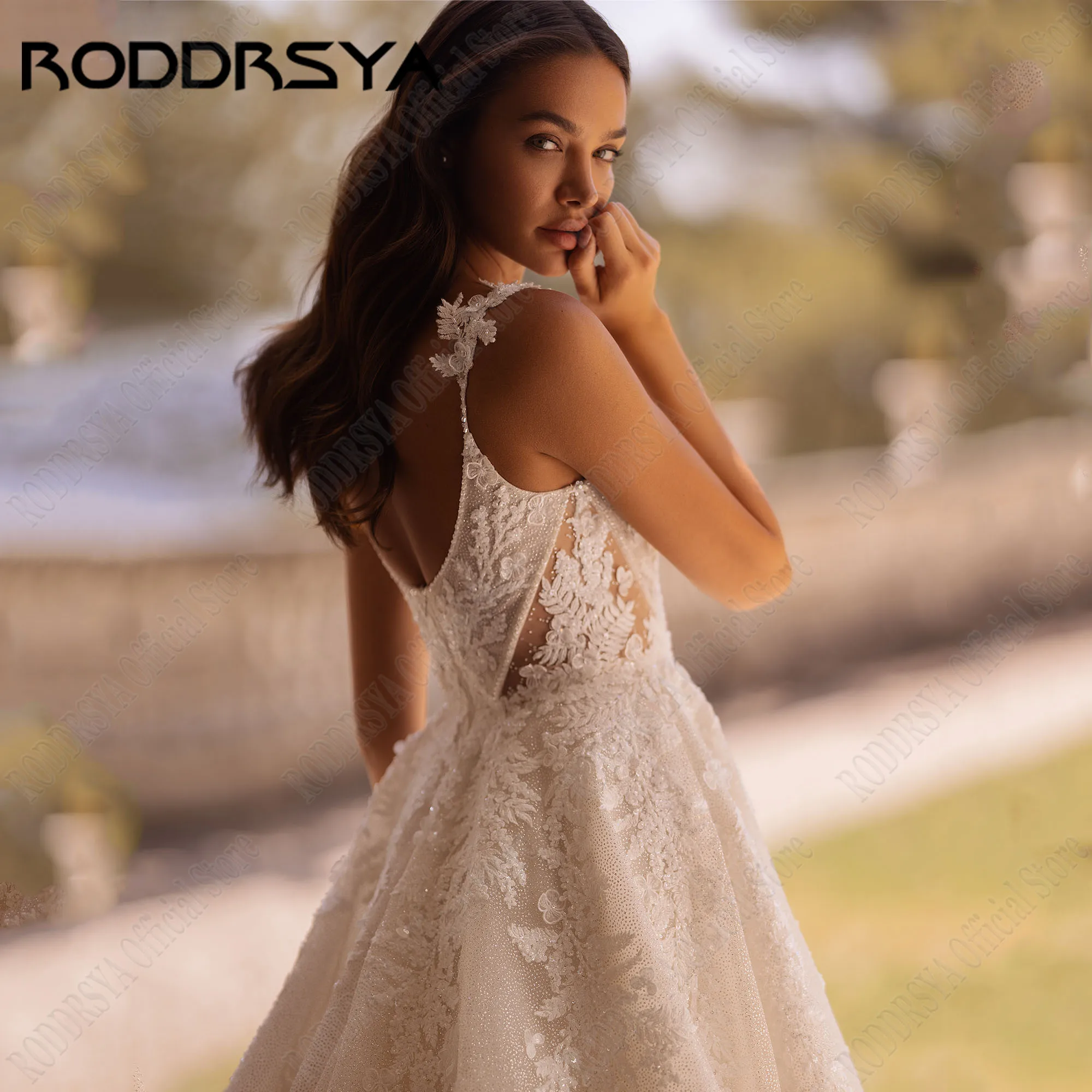 RODDRSYA-vestido de novia brillante con cuello en V, traje de novia con tirantes finos, Espalda descubierta, corte en A, apliques de encaje,