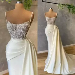 Ivory Wedding Mermaid Dresses With Pearls Beaded Crystals Spaghetti Straps Sweep Train Plus Size V Neck Robe Mariee Vest De