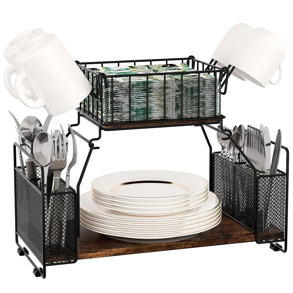 

2-Tier Buffet Caddy - Metal & Wood Kitchen Countertop Organizer For Silverware, Plates, Utensils, Mugs, Outdoor Picnic Camping