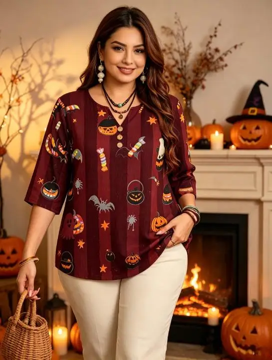 Plus Size Women 3/4 Sleeve V‑Neck Blouse Dusty Blue Magic Potion Black Cat Ghost Spider Pumpkin Halloween Print ops