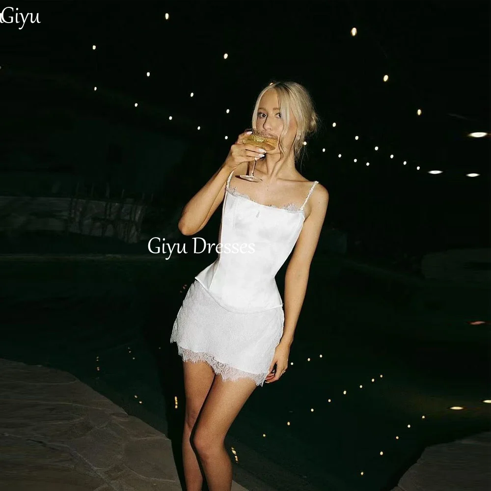 Giyu Simple White Mini Wedding Dress Square Neck Spaghetti Strap European and American Women's Formal Bridal Gowns Customized