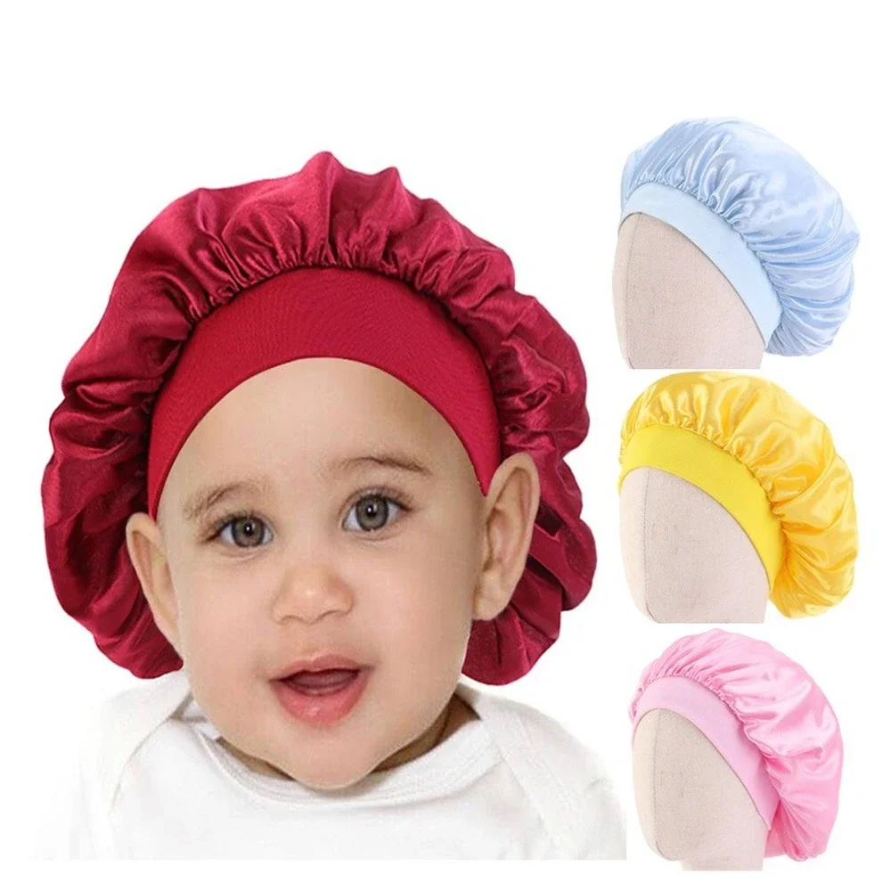 Children's Simulation Silk Nightcap Baby Solid Color Elastic Elastic Shower Cap Makeup Hat