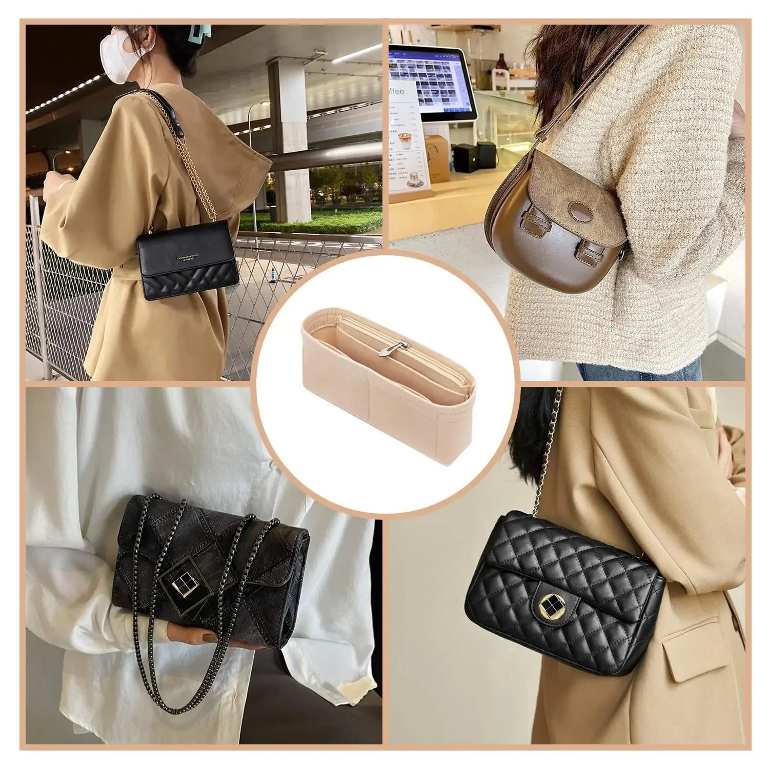 4PCS Felt Inner Bag with Zipper Mini Inner Cosmetic Bag Handbag Organizer Ladies Inner Bag Suitable for Mobile Phone Earphone