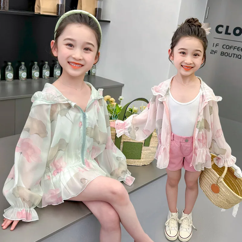 Children's Coat Sun Protection Clothes 2024 New Baby Girl Thin Floral Print Zipper Top Sweet Air-conditioned Coat Hooded Jacket