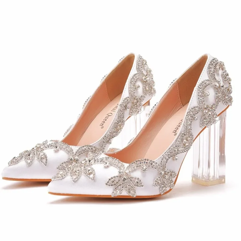 Women Office Lady Pumps Pointed Toe Rhinestone Slip-On PU 9CM Square Heel Lady Wedding Japanese Style Women Shoes White