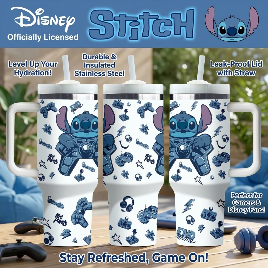 1pc 40oz Disney Stitch Game Controller Stainless Steel Water Bottle Insulated Tumbler with Handle Straw for Car Camping Outdoor