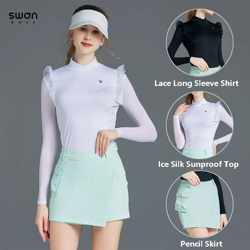 

2024 SG Women Sunprotection Golf Shirt Lace Long Sleeve T-shirt Ladies High Waist Pencil Golf Skirt Anti-exposure Sport Culottes