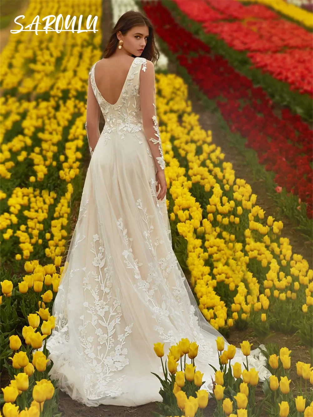 Romantische bloemen trouwjurk een lijn lange tule bruidjurken volledige illusie bruidsjurk op maat gemaakte goedkope bruidjurk