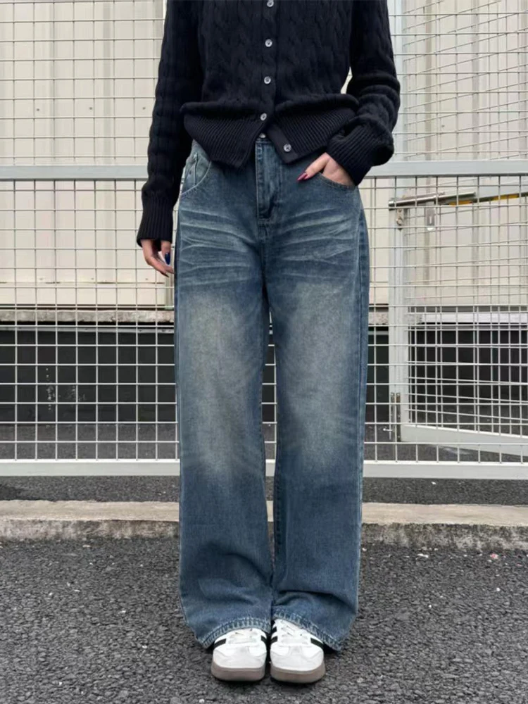 

Retro Washed Flared Jeans Men's Spring Autumn High Street Loose Straight Leg Denim Pants Low Waist Button Closure