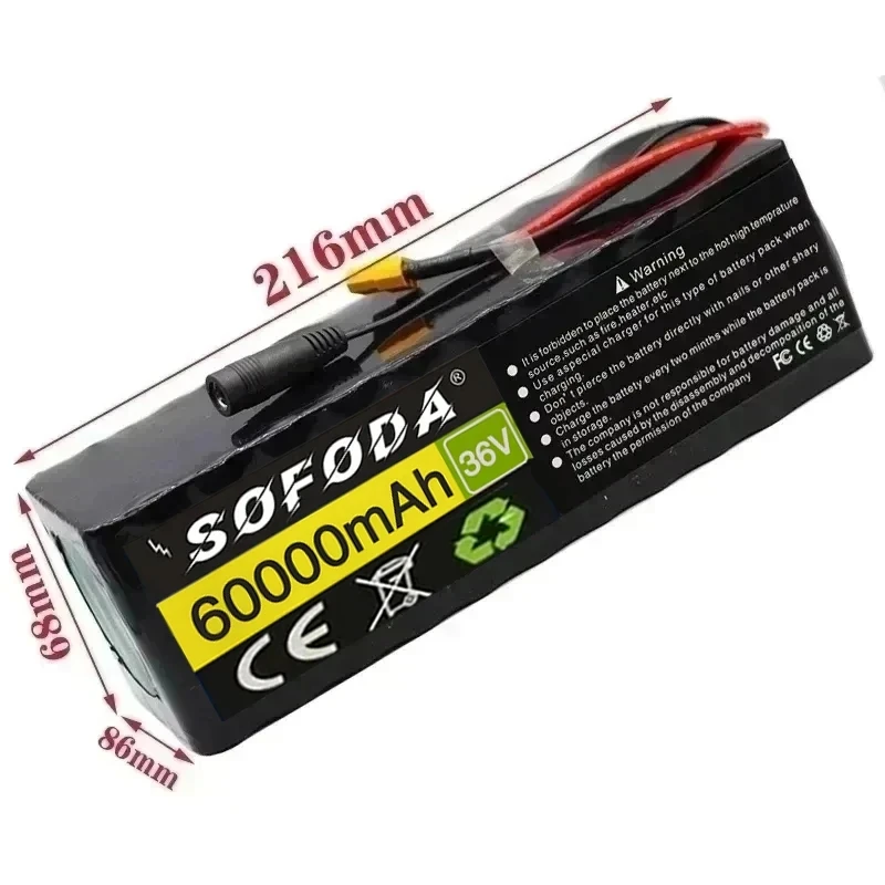 36V Battery 10S4P 60Ah Battery Pack 500W High Power Battery 42V 60000mAh Ebike Electric Bicycle xt60 BMS with Capacity Indicator