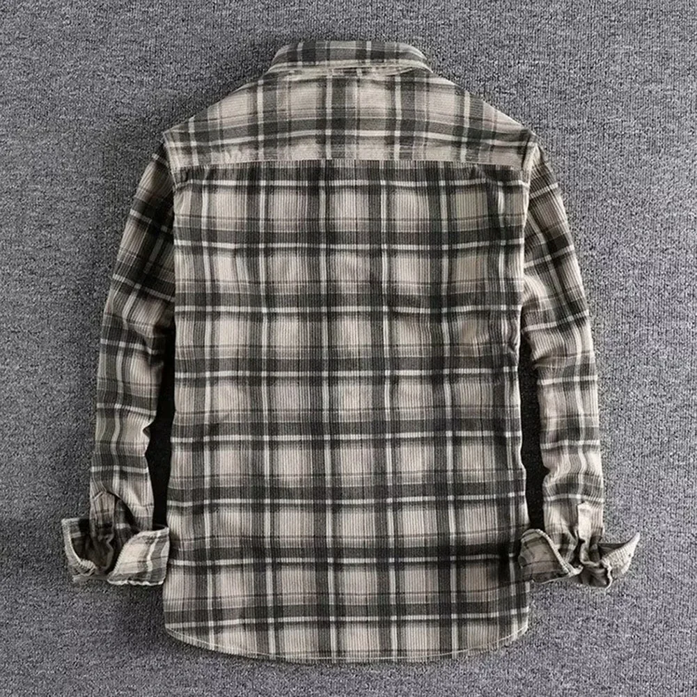 Fashion Men's Classic Plaid Shirts Washed Corduroy Thick Autumn Spring Long Sleeve Comfortable Shirt Coat Man Clothing