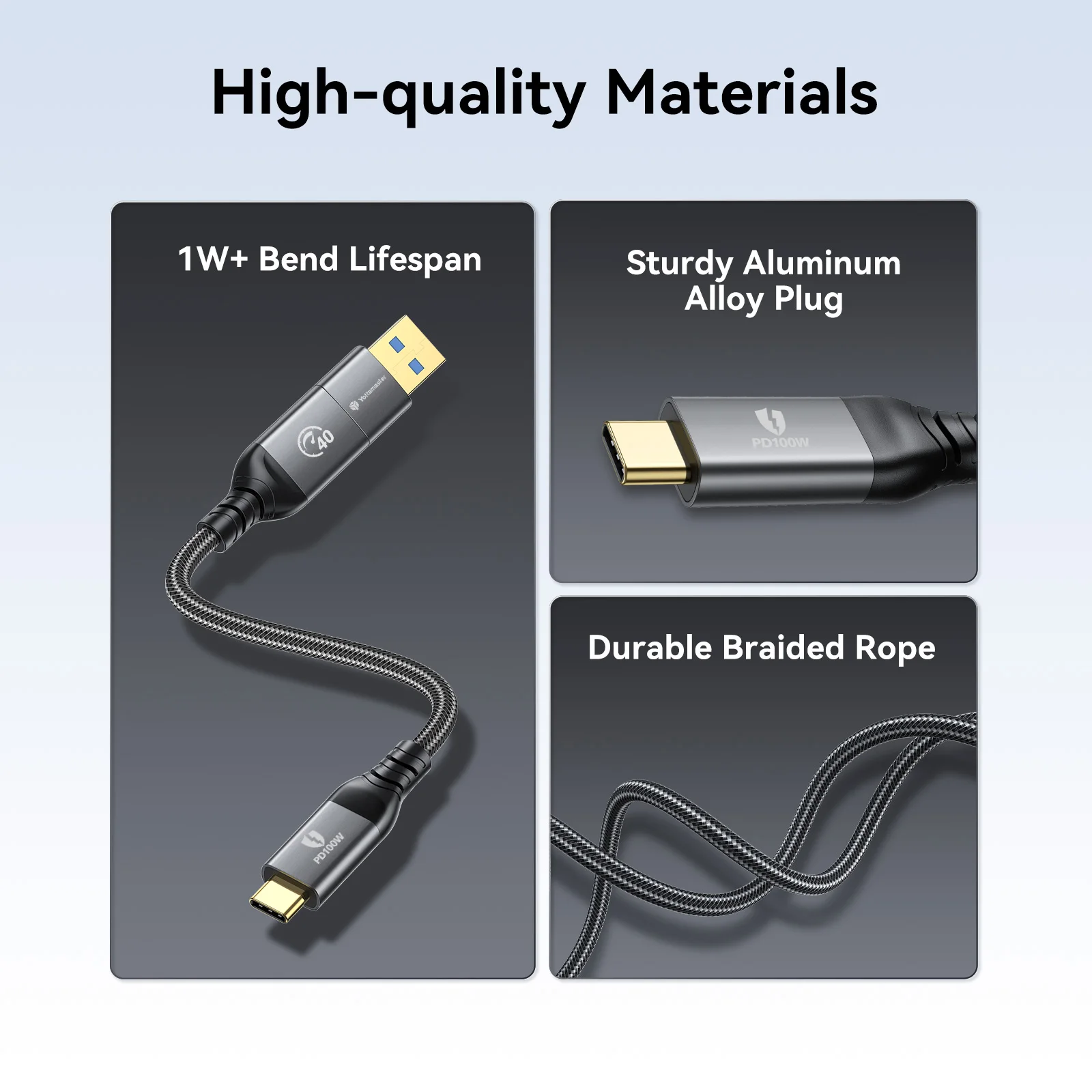Yottamaster 2in1 Type-C USB Cable E-marker PD Quick Charge 100W 20V5A(MAX)  5V/3A(MAX) 9V/2A(MAX) For Mac Book Phone Laptop