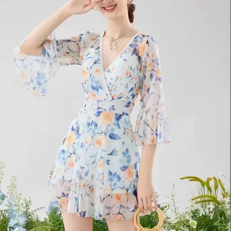 New Women's One-piece Swimsuit Plain Corner Large Size Hot Spring Long-sleeved Korean Style Sexy Oversized