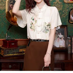 New Chinese Style Stand Collar2024 Summer Patchwork Embroidered Button Shirt for Women's Flare Sleep Casual Short Sleeved Tops