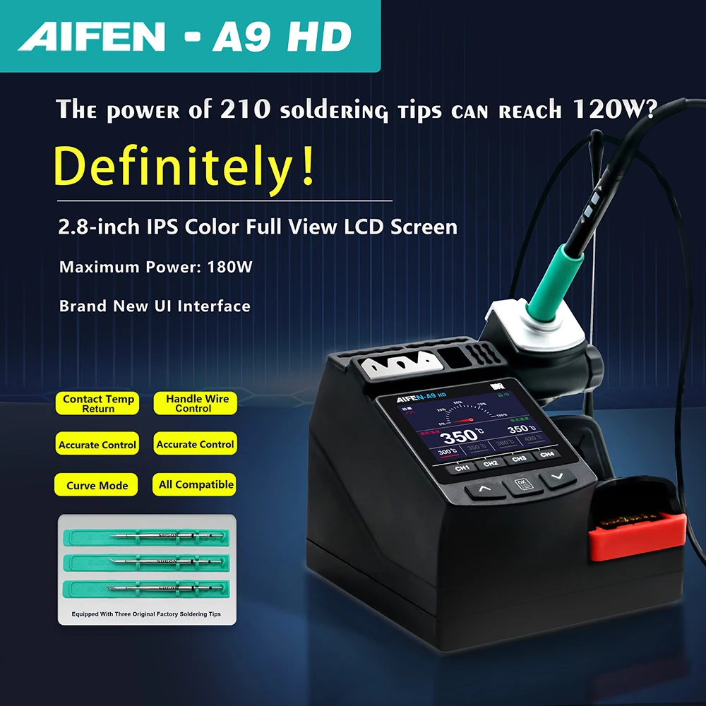 محطة لحام حديد AIFEN A9HD 180 وات مثالية للحام الإلكتروني مع محطة لحام بمقبض حديد لحام C210 C245