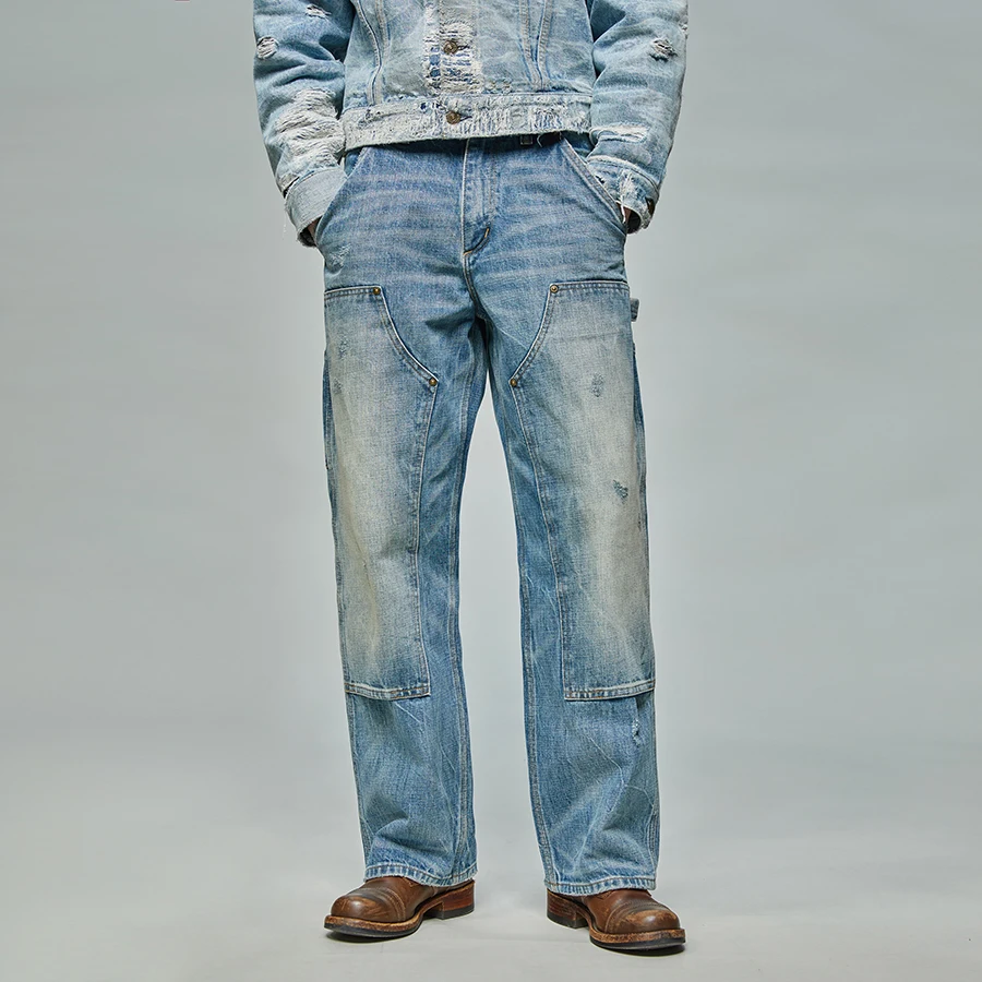 

Unsolute Heavy Du 5Oz Waed Denim Jeans Double Knee Acid Lightning Pattern Butcher Workwear Straight Leg Loose Fit Jeans