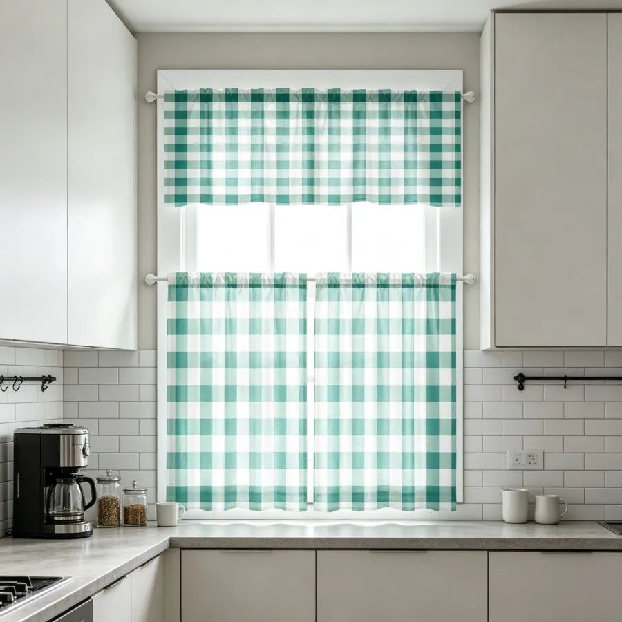 Minimalist Kitchen Curtains, Teal White Gingham Check, Digital Print, Kitchen Dining Room, Rod Pocket Polyester, Home Decor