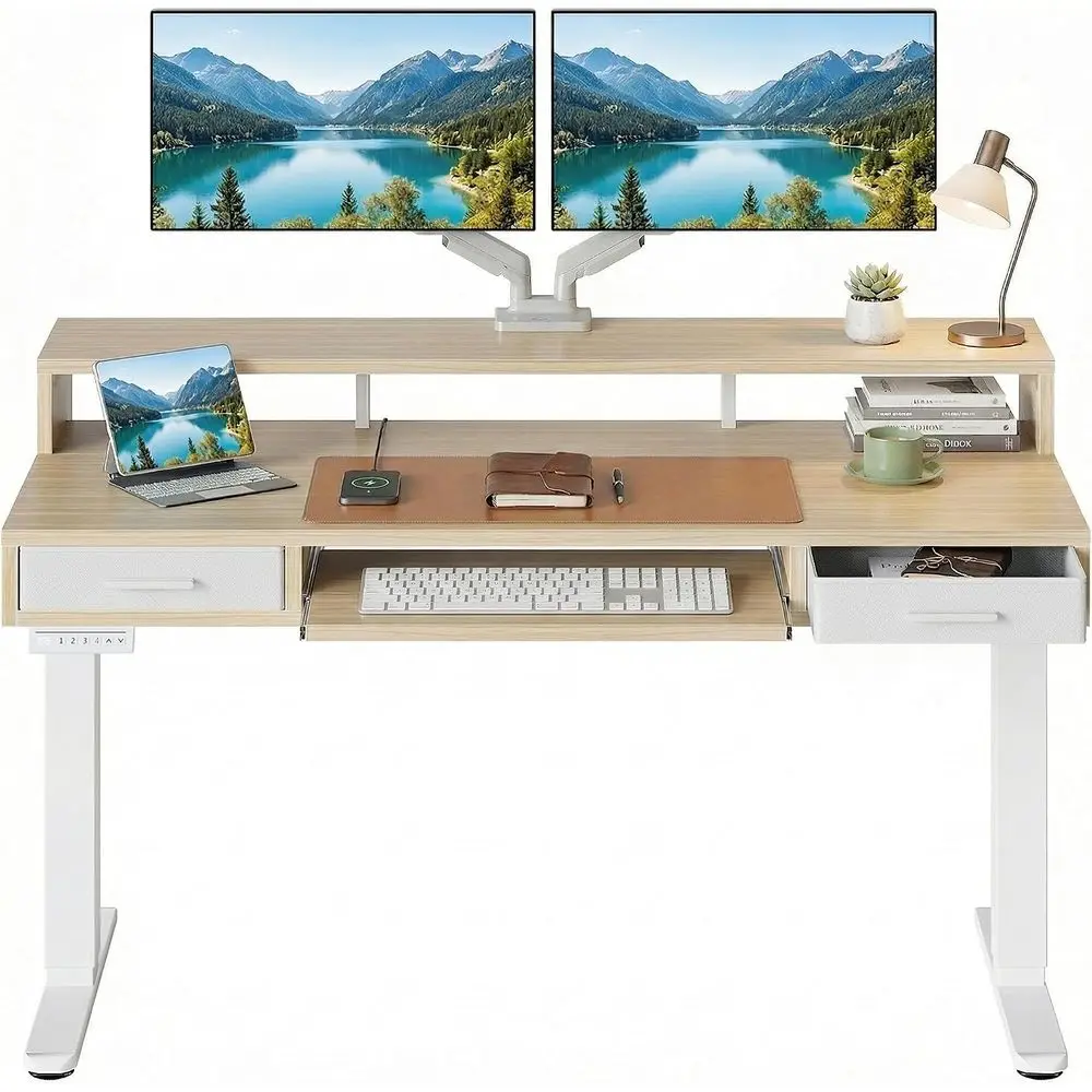 55″ x 26″ Electric Standing Desk with 2 Ders &24.4″ Large Keyboard Tray, C-Clamp Mount Compatible, Adjustable Computer Desk or O