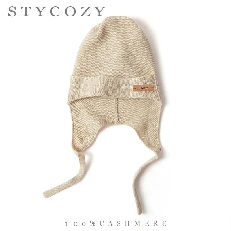 100%Cashmere Women Solid Color Knitted Ear Flap Hat Winter Warm Tie Windproof Trapper Hat Thick Plain Stitch Cuffed Casual Cap