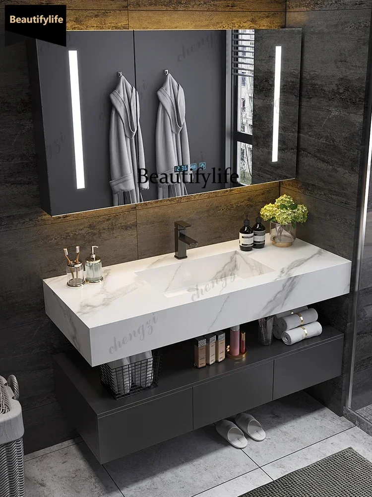 Stone Slab Integrated Basin Cabinet High-end Bathroom For Home Use Mirror Toilet Washbasin Hand Wash Combination Hotel Modern b5