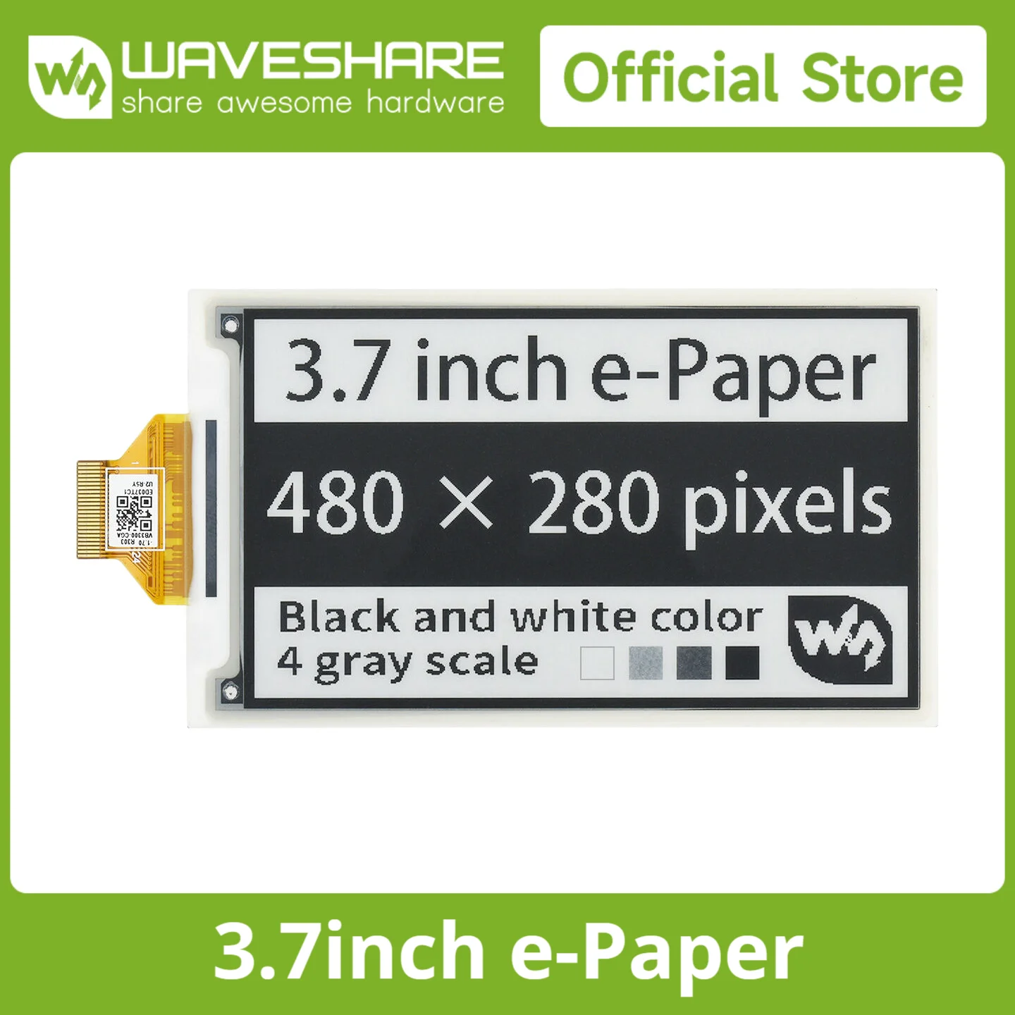 

Waveshare 3.7inch e-Paper e-Ink Raw Display, 480*280, Black / White, 4 Grey Scales, SPI, Without PCB