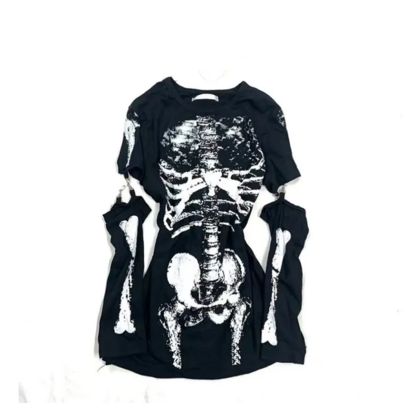 Gothic Skeleton Graphic T-Shirt with Detachable Sleeves Women Japanese Subculture 2000s Y2K Loose Tops Vintage Fashion Tees New